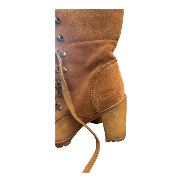UGG suede camel brown lace up zipper heeled winter boots - Picture 4 of 14